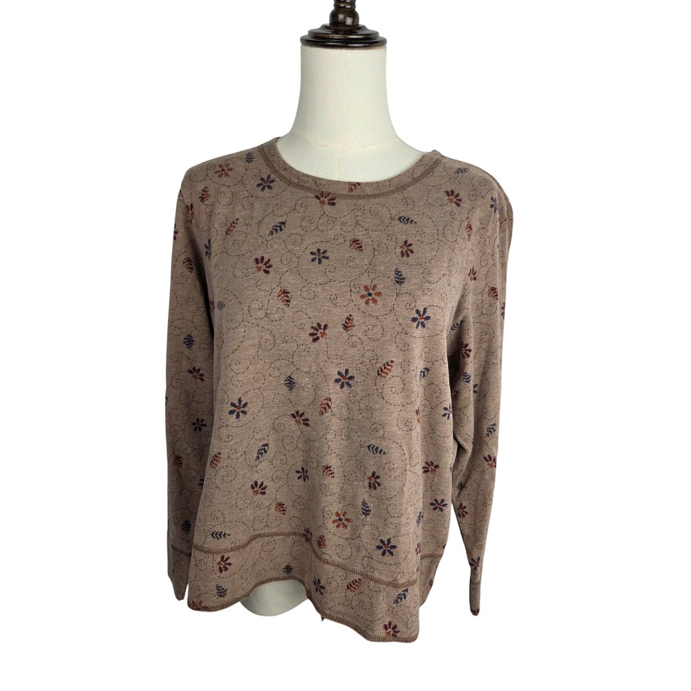 L.L. Bean Long Sleeve Top Vintage 90s Size M Brown Floral Vine Print Cottagecore